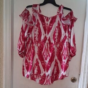 Pink and White Ruffled 3/4 Sleeve Blouse Open Shoulders #152P